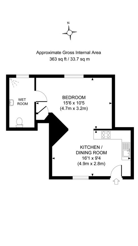 The floor plan for Nightjar, showing the open plan living space and shower room